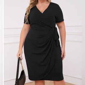 Nemidor Black Basic Faux Wrap Dress Short Sleeve NWT Summer women's 26 plus size